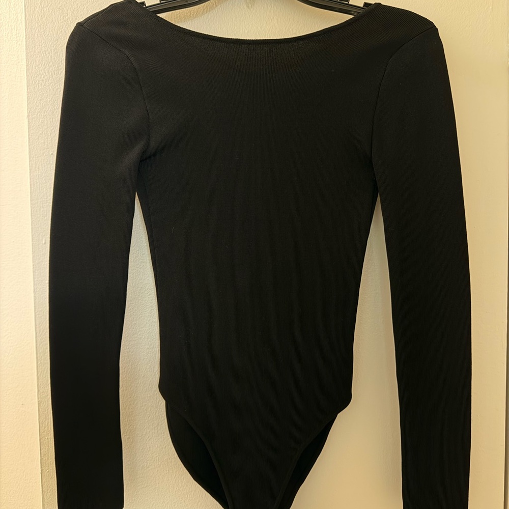 Zara Black Long Sleeve Scoop Neck Bodysuit with Open Back Rhinestone Detail